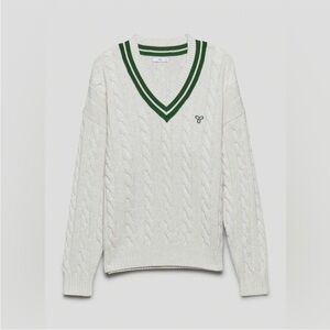 Aritzia TNA Cable-Knit V-Neck Sweater with Green Stripe